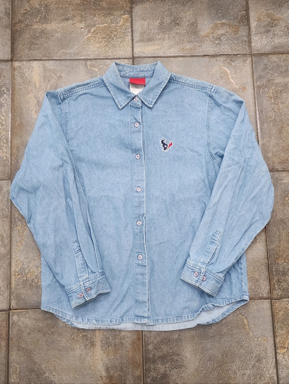 Vintage Y2K Reebok Women's Large Houston Texans NFL Denim Button Up Shirt